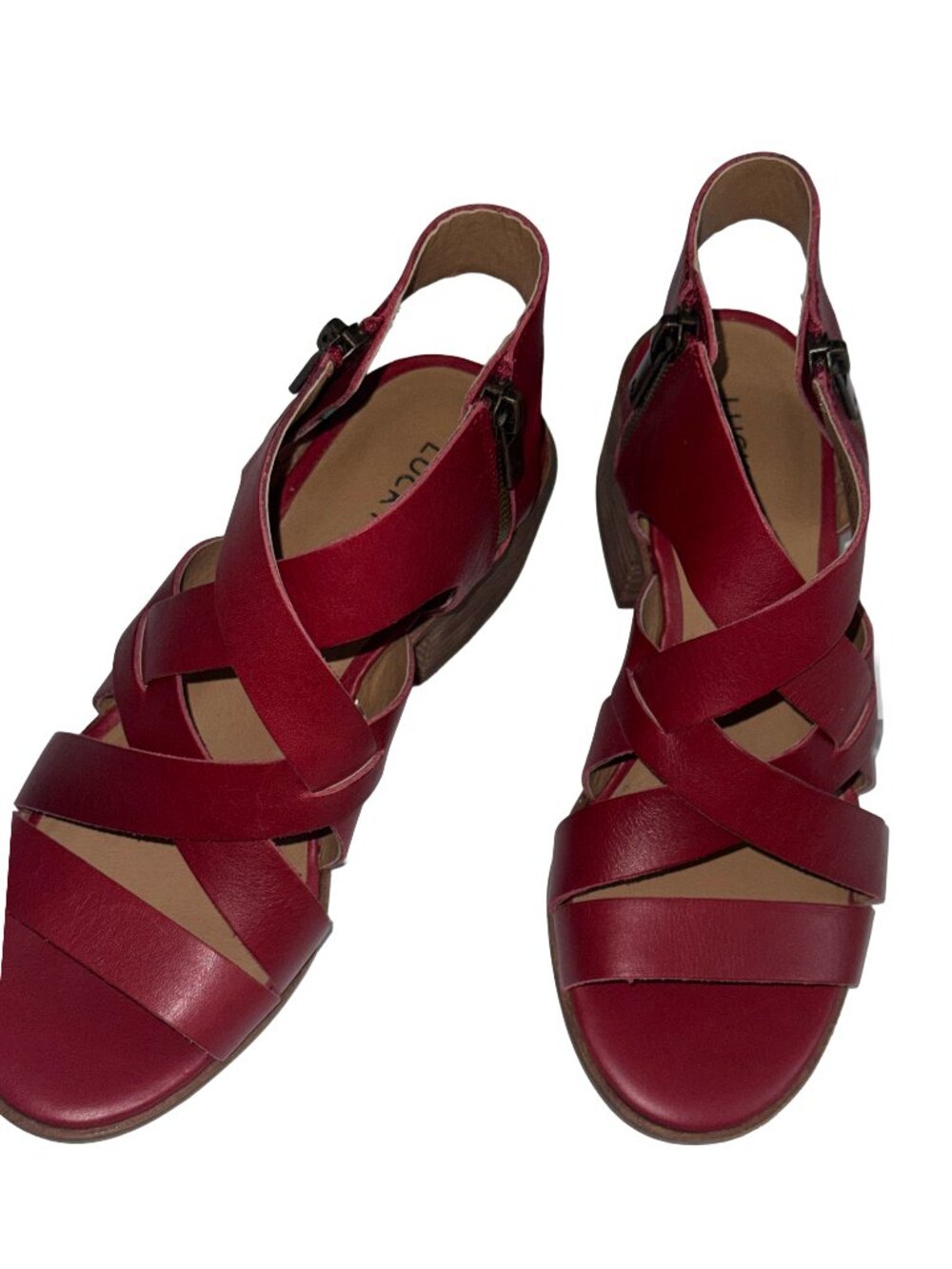 LUCKY BRAND Rich Garnet Red Leather Strappy Sandals Block Heel Size US 5M /EU 35 - Picture 9 of 15